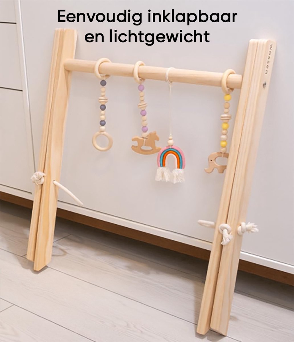 babygym hout incl. 5 speeltjes + dubbelzijdige speelmat – houten Speelboog Baby – Stevige constructie & inklapbaar — afbeelding 15