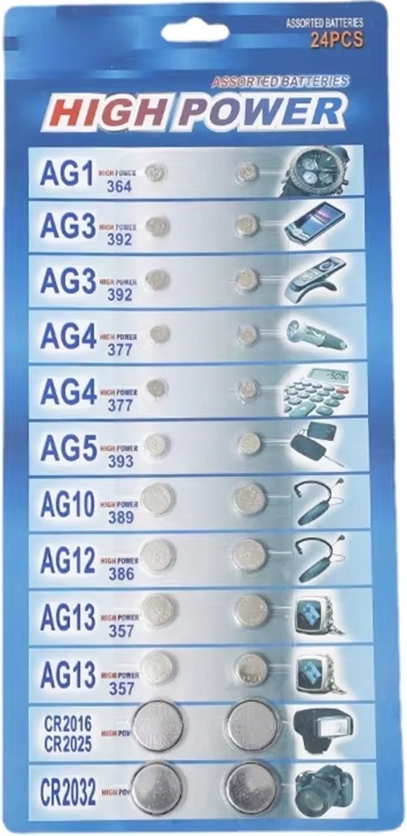 batterijen mix 24 stuks - AG1/AG3/AG4/AG5/AG10/AG12/AG13 Knoopcelbatterij, HorlogebatterijenCR2016 CR2025 CR2032 - LR621-LR41 -LR626 -LR754 -LR1130 - LR43 LR44