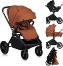 Een roestbruine kinderwagen met zitje, met bijbehorende configuraties: autostoel, wieg en opgevouwen.