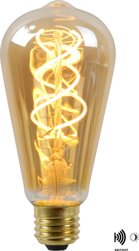 Ampoule ST64 ambrée à filament spiralé avec icône de capteur en bas à droite.