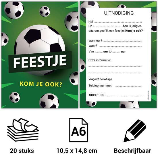 Uitnodiging kinderfeestje - Voordeelset 20 stuks - Thema Voetbal - Beschrijfbaar - Uitnodigingskaarten - Uitnodiging verjaardag - uitnodiging verjaardag feest - Uitnodiging kinderfeestje Jongen of Meisje - Uitnodiging feestje - uitnodigingen