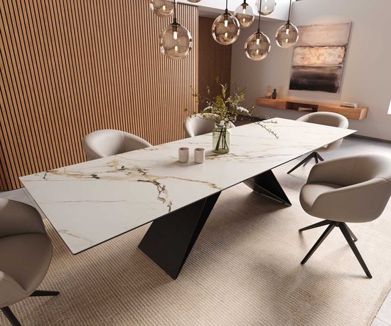 Table à manger Edge céramique Calacatta Luxe blanc-doré-gris 300x100 V- structure acier plat noir