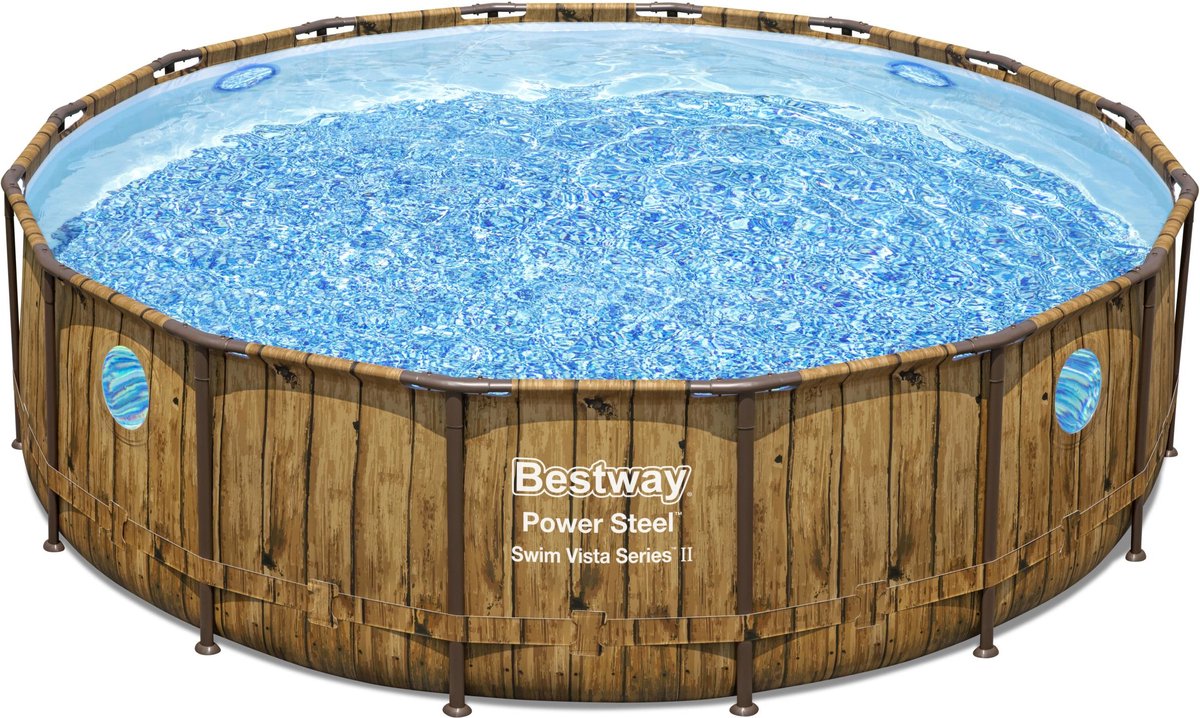 Bestway - Power Steel Swim Vista - Opzetzwembad inclusief filterpomp en accessoires - 488x122 cm - Houtprint - Rond — afbeelding 10