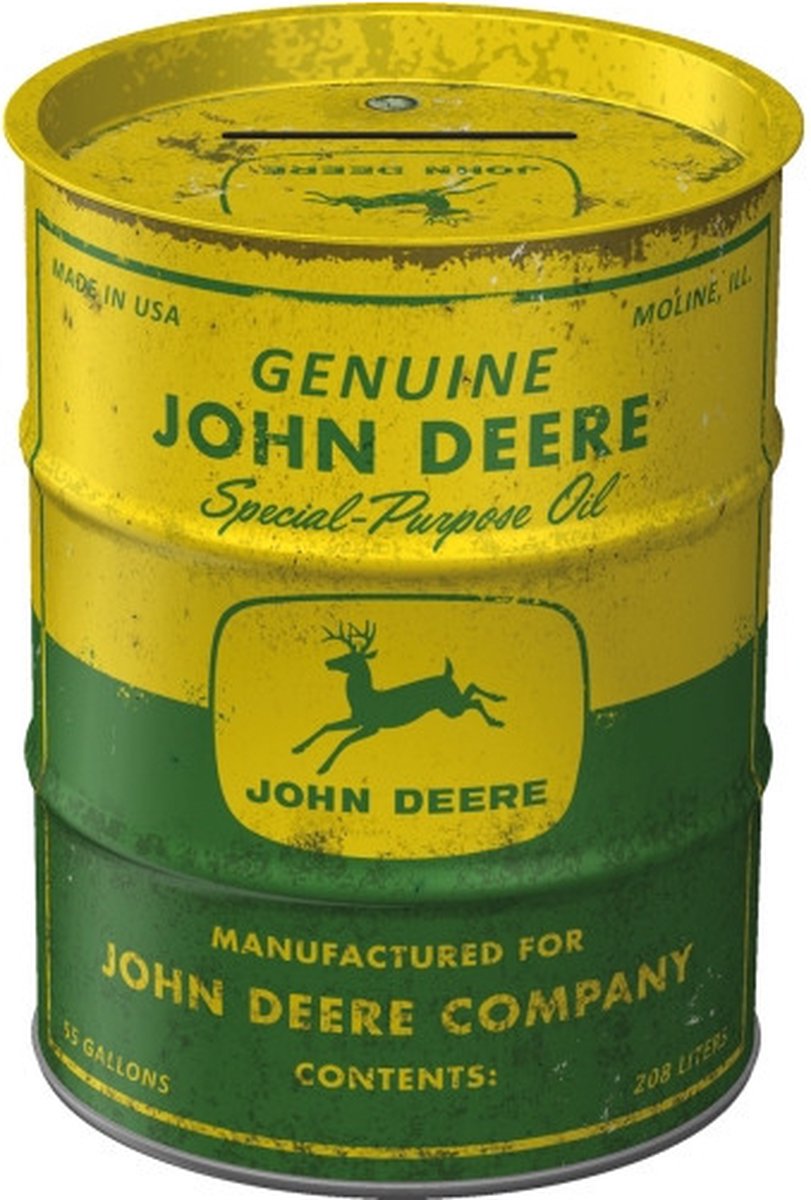 Nostalgic Art Spaarpot blik John Deere thema - tractor merk - 10 x 13 cm - hersluitbaar - mannen/heren cadeau