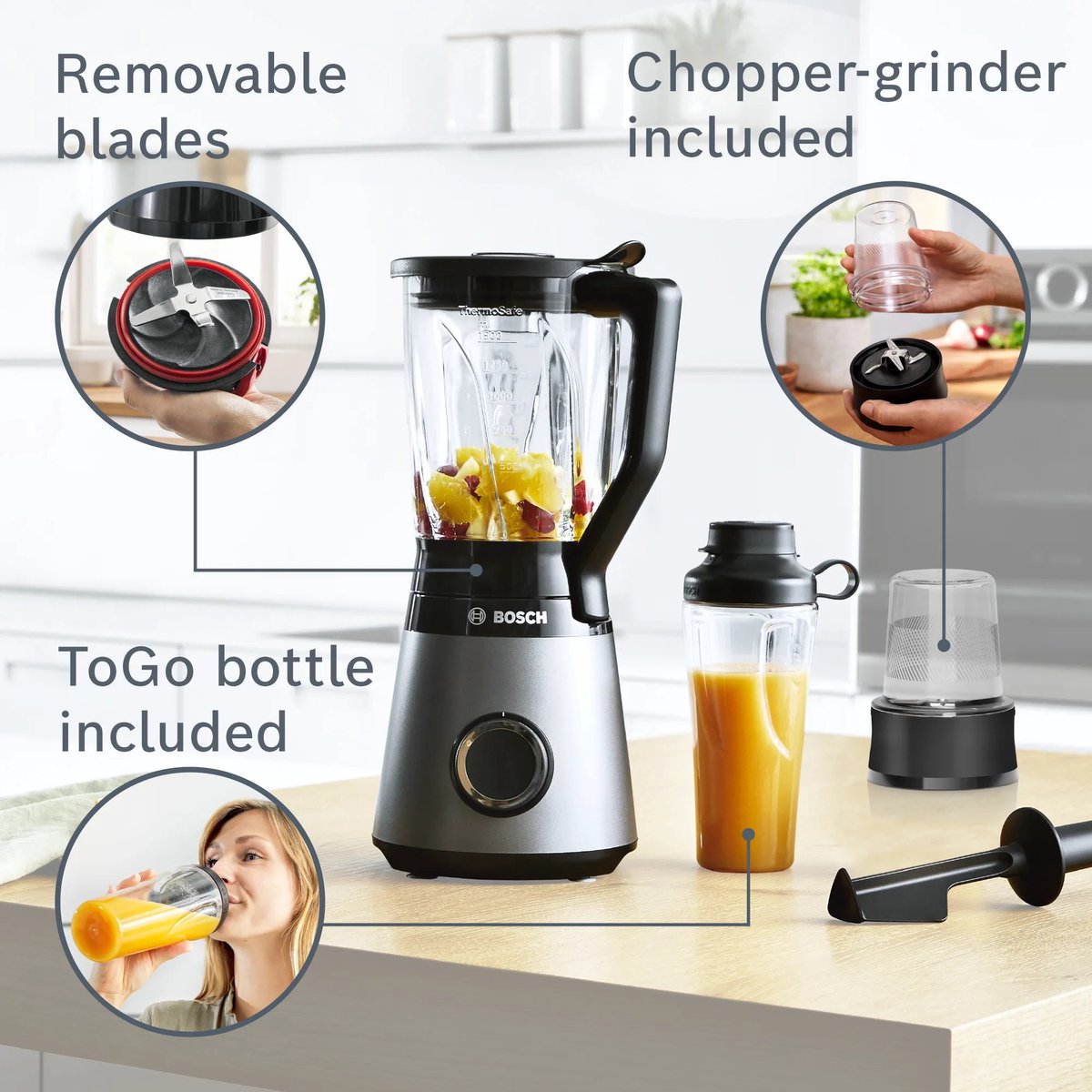 Bosch MMB6177S VitaPower Serie 4 - Blender - Zilver - 1200W - ToGo Bottle 0,6 l, Kunststof hakmolen – foto 7