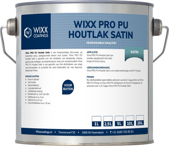 Wixx Pro PU Houtlak Satin verfblik met logo, productinformatie en diverse liter-opties.