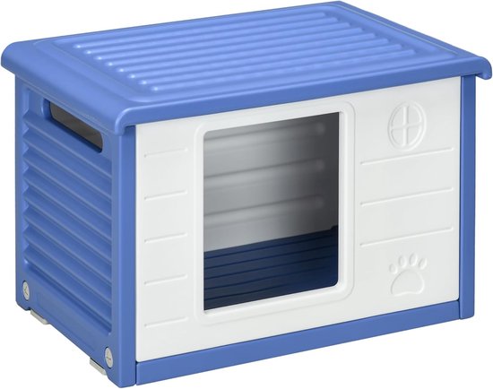 Hondenhok voor buiten, hondenhok voor puppy's, van kunststof, hondenhuis met waterbestendige ventilatieopeningen, maat 60 l x 42 b x 40 h cm, blauw en wit