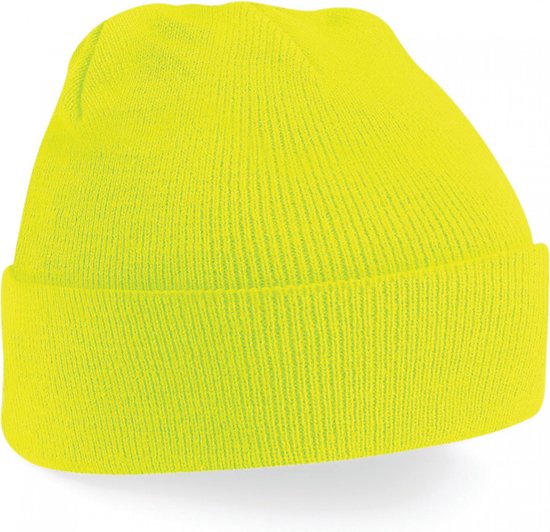 Neong gele beanie muts met brede omslagband, van 100% zacht acryl.