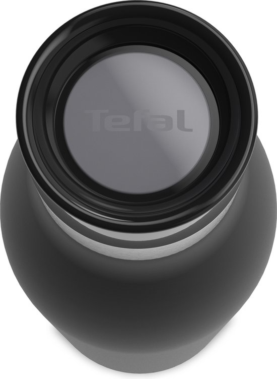 Bovenaanzicht van de opening van de zwarte Tefal Bludrop thermosfles met het Tefal logo.