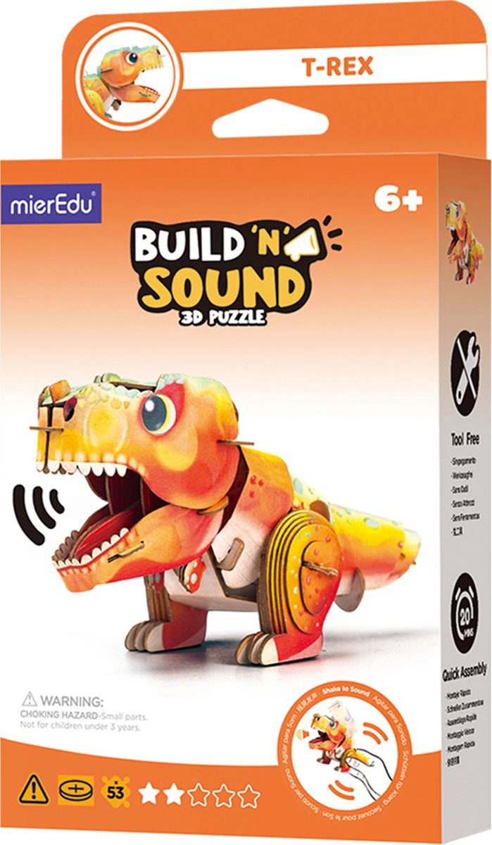 MierEdu 3D PUZZEL BUILD&SOUND: DINO / TYRANNOSAURUS REX 15,6x6,8x8,16cm, met geluid, werkt op 1 knoopcel batterij CR2032 (inbegrepen), in doos 10,8x3,5x19,4cm, 6+