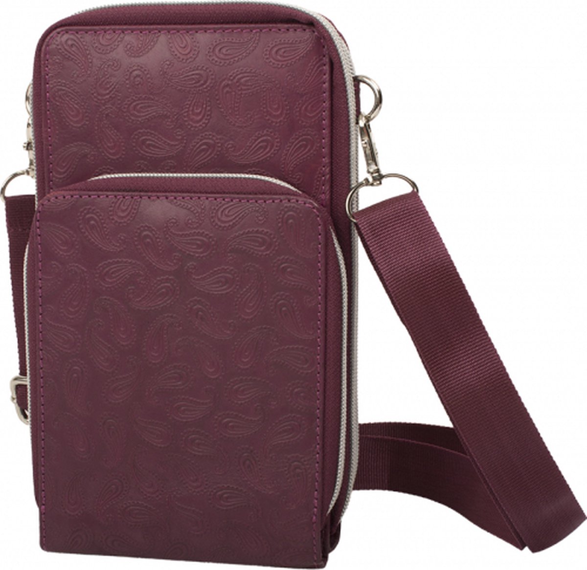 Rojafit - Cross bodytas - Leer - met reliëf in Paisley patroon - Paars - Afmeting ca. 13,5 x 5 x 22 cm.
