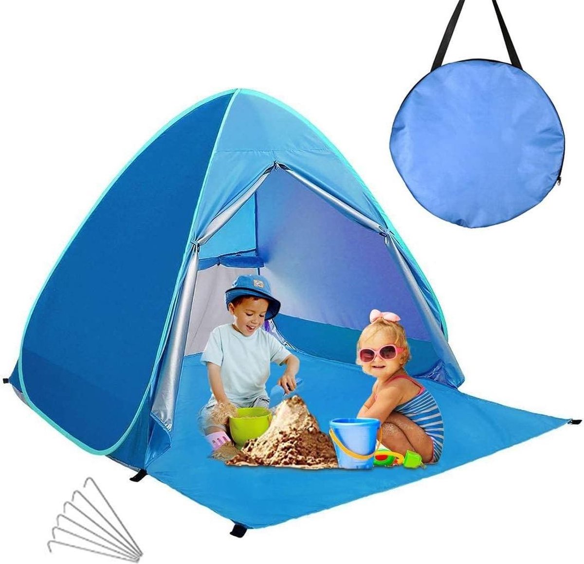 Strandtent voor 2-3 personen - Campingtent automatisch opzetten - Draagbare strandtent met UV-bescherming - Blauw medium