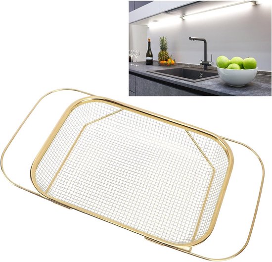 Kyraton Goud Zeef 28,5 cm, professionele titanium goud plating roestvrijstalen zeef met zware handgrepen en zelf afvoerende solide ringbasis, eenvoudig schoon te maken en vaatwasmachinebestendig
