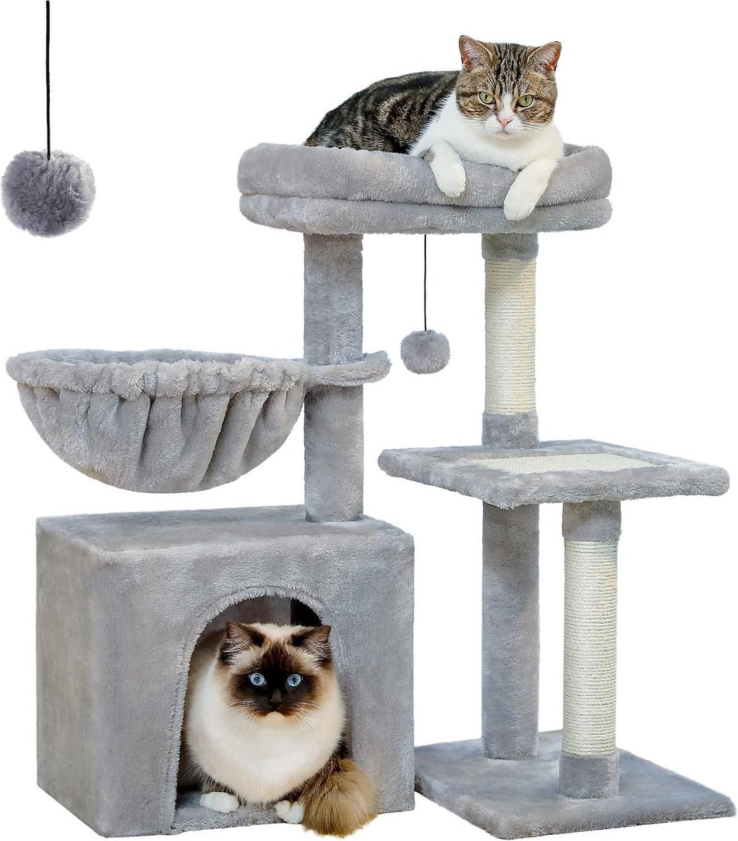 Kleine kattenboom – 73 cm kattentoren voor binnenkatten – kattenactiviteitenboom met kattenkrabpalen – grote hangmat – afneembare bovenbaars – grijs