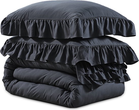 Housse de couette Sleeptime Ruffles - 240X200/220 + 2 x taies d'oreiller 60x70 - Anthracite