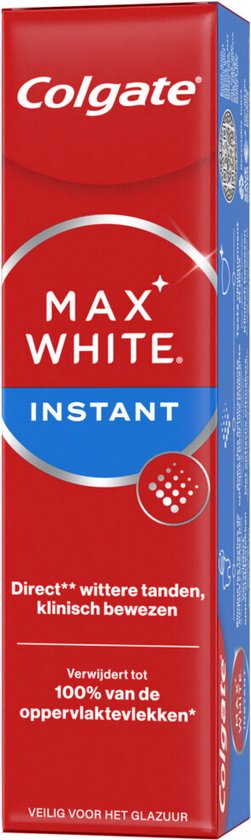 Colgate Max White Instant tandpastakoker. "Direct wittere tanden, klinisch bewezen".