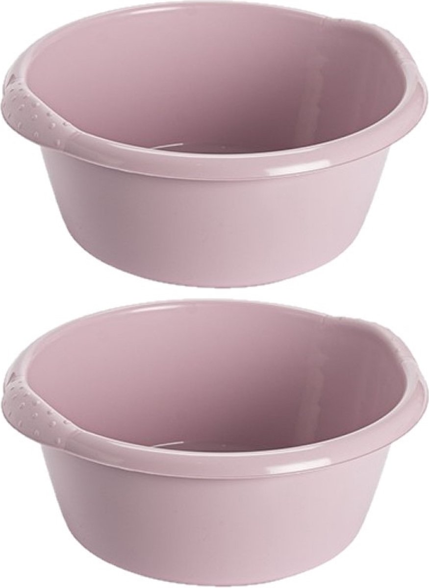 Goedkoopste 2x stuks kunststof plastic afwas teiltje/afwasbak rond 6 liter zacht roze - Diameter 32 cm x Hoogte 13 cm - Schoonmaak/Huishouden