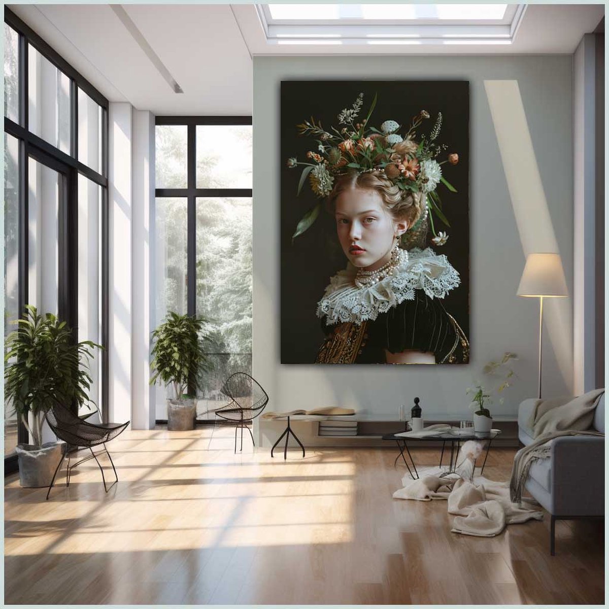 Canvas schilderij - Canvas - Staand - 50 x 70 cm - Portret - Vrouw - Bloemen - Vintage - Wanddecoratie - Muurdecoratie woonkamer - Uniek - Exclusief -Picturetopicture