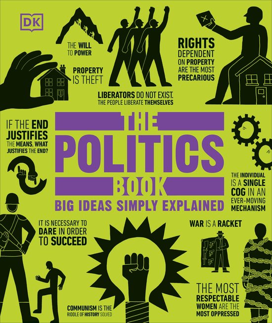 Boekomslag met de titel 'The Politics Book: Big Ideas Simply Explained' in paarse letters op een groene achtergrond. Illustraties en citaten over politieke ideeën.