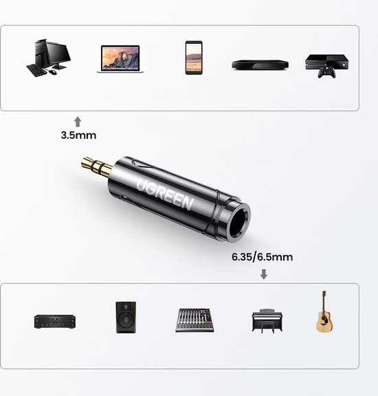 Zwart-gouden adapter toont conversie van 3,5 mm naar 6,35/6,5 mm, met voorbeelden van apparaten zoals pc's, telefoons en piano's.