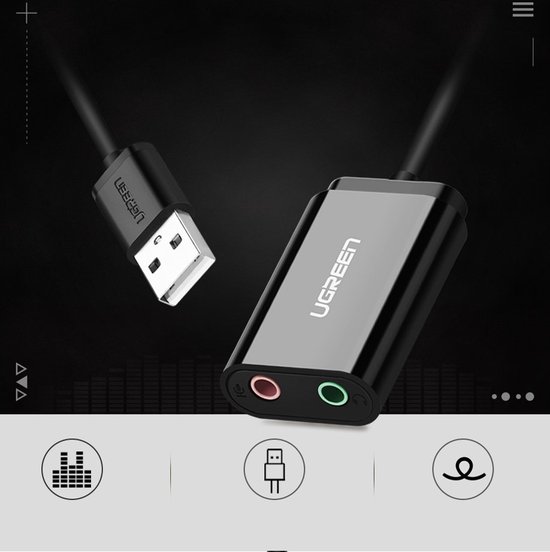 Zwarte Ugreen USB-naar-audio adapter met rode en groene poorten, en een USB-stekker. Grafisch weergegeven met iconen.