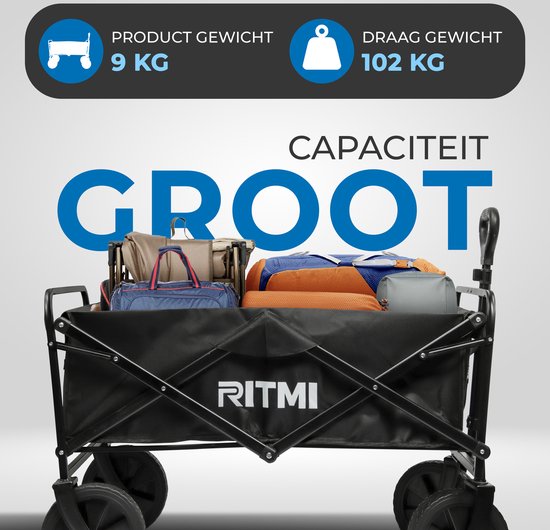 Ritmi Bolderkar - Opvouwbaar Bolderkar Tot 120kg Draagvermogen - 82x52x63cm - Inhoud 120L Bolderwagen met Duwstang - Opvouwbare Draag Kar - Bolder Wagen Strandkar - Zwart van Merkloos — afbeelding 4