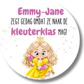 20 x Gepersonaliseerde Traktatie Cadeau Stickers Prinses zwaait gedag omdat ze naar de kleuterklas mag - Naamstickers - Naam Op Stickers - Kindertraktatie - Afscheid peuterspeelzaal - Kinderopvang