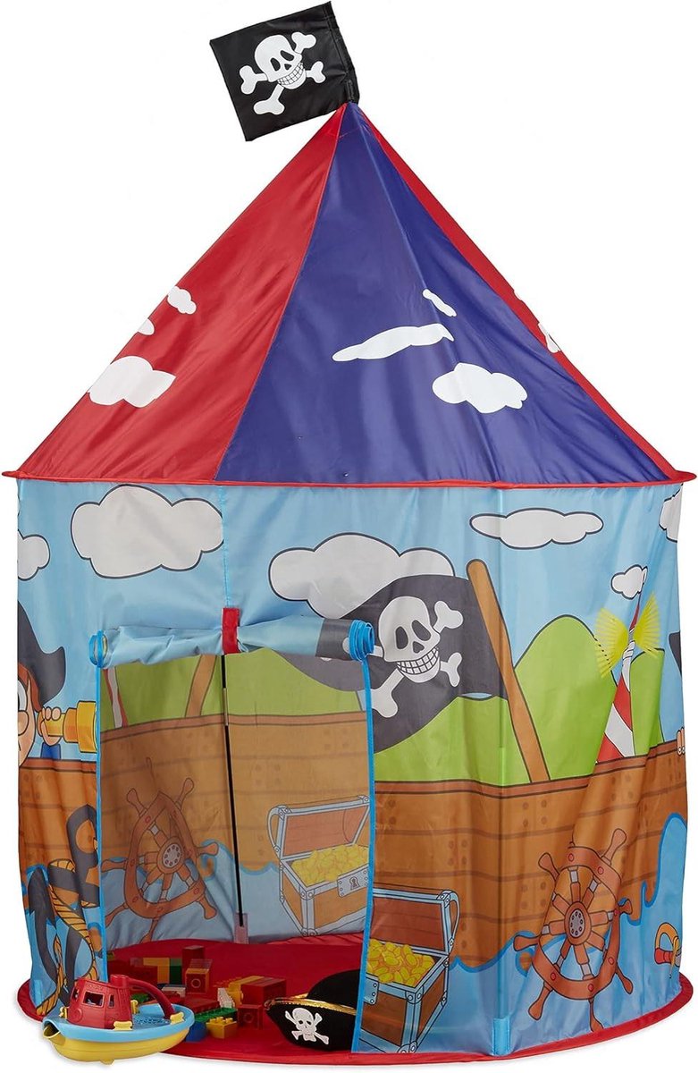 Speeltent voor Kinderen Piraten Spelletjestent vanaf 3 jaar H x Ø 130 x 100 cm voor jongens met vlag Huisje Rood-Blauw