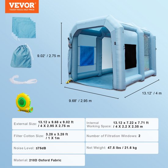 VEVOR Spuitcabine Paint Booth Diy Spray Paint Spray Paint Shelter Tent 950w Blauw 4 x 2.2 x 2.35m 210d Oxford Fabric Spray Paint Tent Draagbare van Merkloos — afbeelding 4