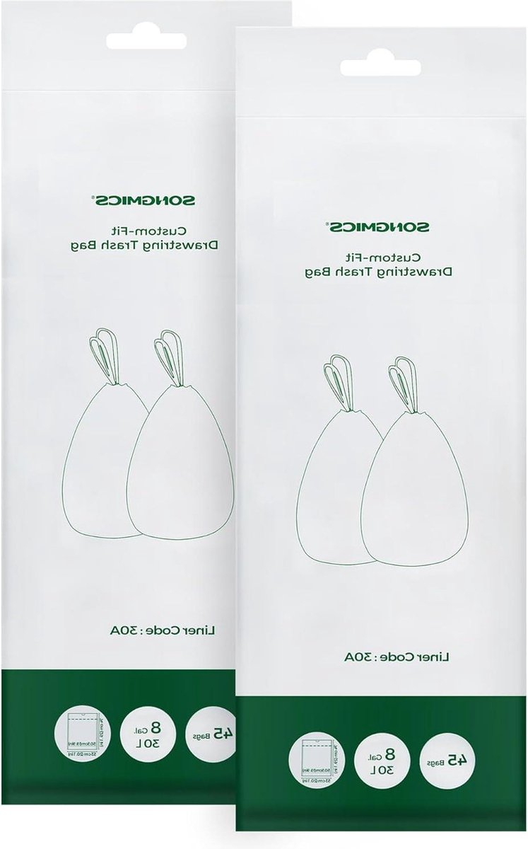 Drawstring Custom-Fit Vuilniszakken - 30L - 60L Dubbele Vuilnisbak Liner - Code 30A - 2 Rollen - 90 Stuks - Robuust - Waterdicht - Keuken - Wit