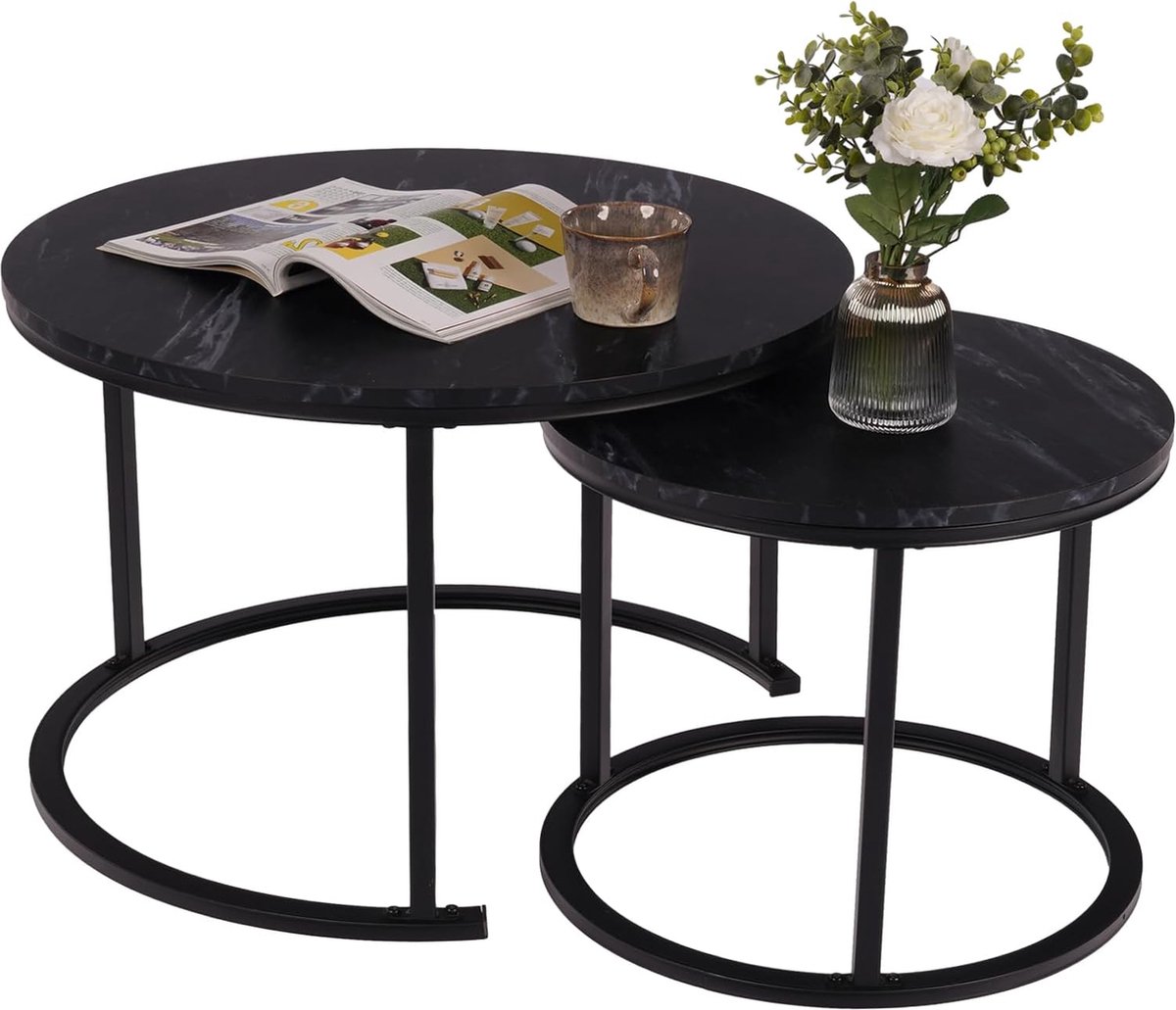 Goodivery ® Set van 2 Ronde Houten Salontafels met Zwart Metalen Frame voor Woonkamer en Kantoor