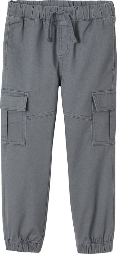 Grijze joggingbroek met trekkoord, elastische tailleband, cargozakken en elastische enkelbanden.