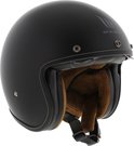 Matzwarte helm met bruine lederen voering en witte stiksels, gezien vanaf de voorkant.