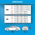 Tabel met afmetingen voor autohoezen (PKW en SUV) en schematische tekeningen van een auto met lengte, breedte en hoogte.
