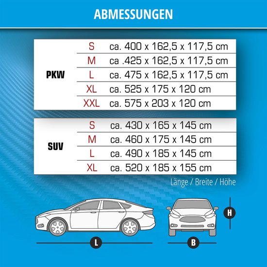 Tabel met afmetingen voor autohoezen (PKW en SUV) en schematische tekeningen van een auto met lengte, breedte en hoogte.