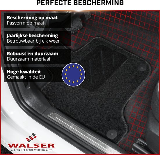 Zwarte automatten met een rood rasterpatroon. Gemaakt in de EU.