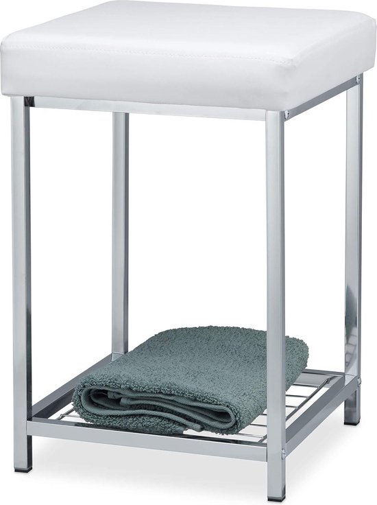 Relaxdays krukje met vacht, 4 houten pootjes, gepolsterd, kunstvel, decoratieve hocker, Hx: 31x31cm, in het wit