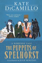 Livre "The Puppets of Spelhorst" avec illustrations d'un hibou, un archer, deux filles, un roi et un loup noir. Texte : KATE DICAMILLO.