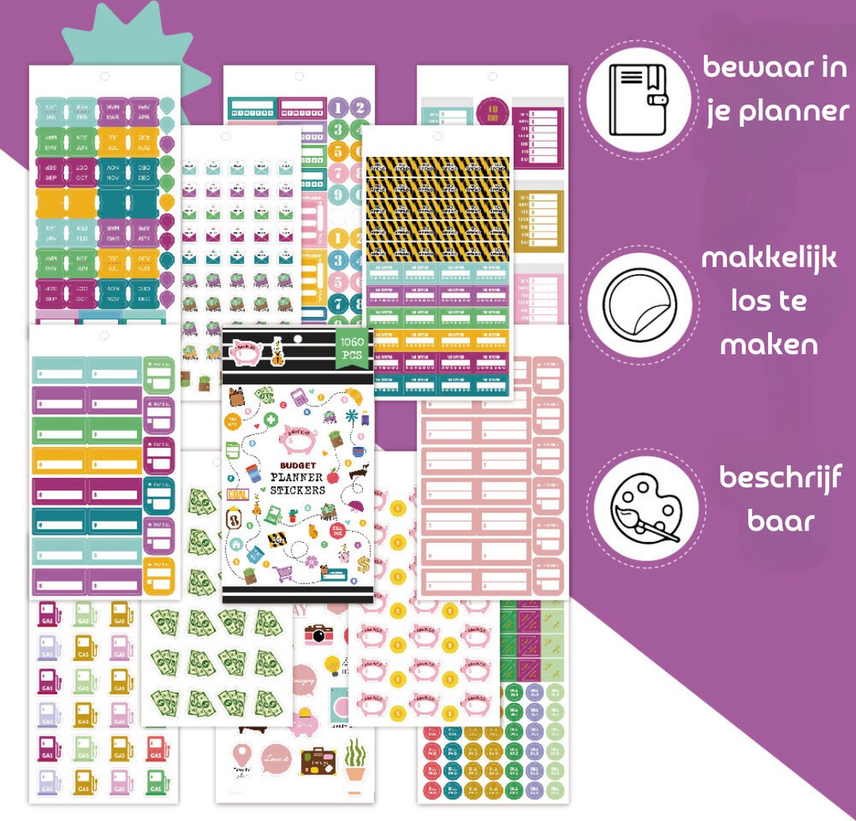 Budget Planner Stickertjes - 1060 Stickers voor Journal, Agenda, Kasboek, Budgetplanner - Stickerboekje 30 Vel - Sparen/Financiën — afbeelding 5