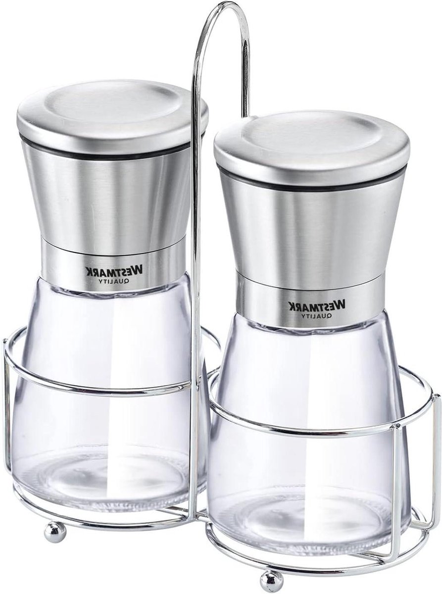 Peper en Zoutmolen 3-delig zout- en pepermolen + standaard met draaggreep roestvrij staal glas keramiek keukenaccessoire transparant zilver zwart