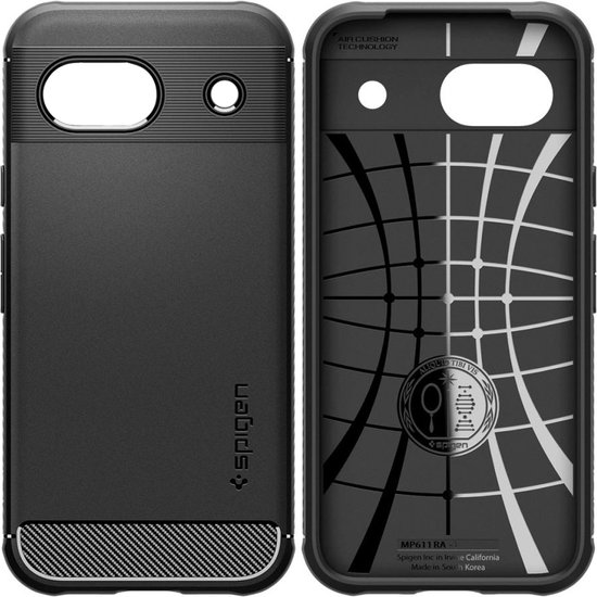 Voor- en achterkant van een zwarte Spigen case voor Google Pixel 8a met carbonlook details.