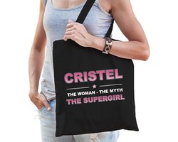 Naam cadeau Tasje voor Cristel – The woman, The myth the supergirl – katoenen – zwart – verjaardag – moederdag – collega – vriendin