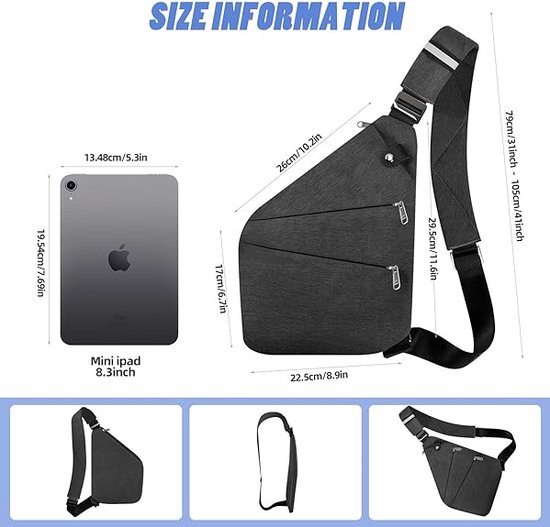 FANDARE Anti-diefstal Borsttas Sling Crossbody Bag met USB voor Heren en Dames, Grote Schoudertas Heuptas, Waterdicht Polyester, Blauw, L, riem