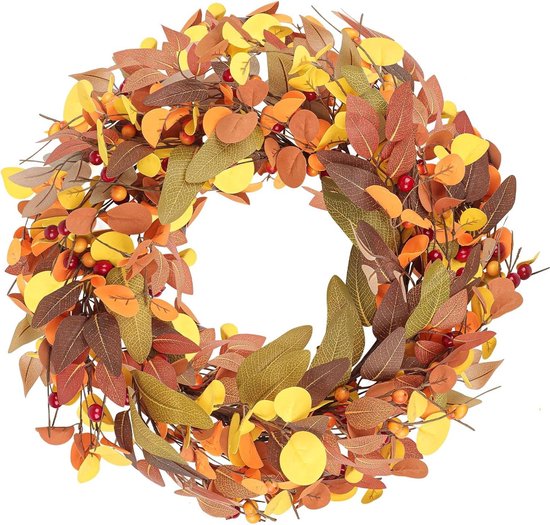 Couronne D'Automne Artificielle Premium – Décoration Porte Entrée Thanksgiving Halloween, Feuilles Hortensias & Citrouilles, Style Naturel 45-50 Cm