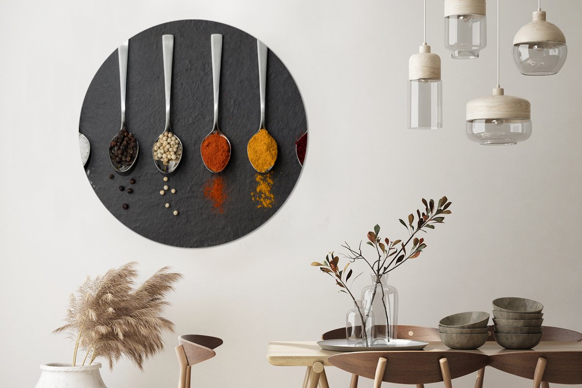 WallCircle Wandcirkel 140x140 cm - Muurcirkel Specerijen - Lepels - Tafel - Rustiek - Kruiden - Muurdecoratie woonkamer - Wanddecoratie slaapkamer - Kamer decoratie accessoires - Ronde schilderijen Multicolor