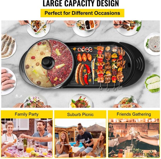 2 In 1 Elektrische Bbq- Pan- Grill - HotPot - Gourmet - Bakplaat - Party Pan - Anti Aanbaklaag - Duurzaam Materiaal - 2 tot 8 Personen - Feestdagen — afbeelding 3