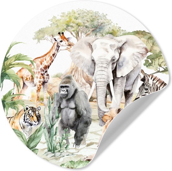 WallCircle® - Behangcirkel 50x50 cm - Muurstickers Jungle - Dieren - Waterverf - Kinderkamer - Kind - Jongens - Muurcirkel - Kinderkamer accessoires - Decoratie babykamer - Wandcirkel zelfklevend