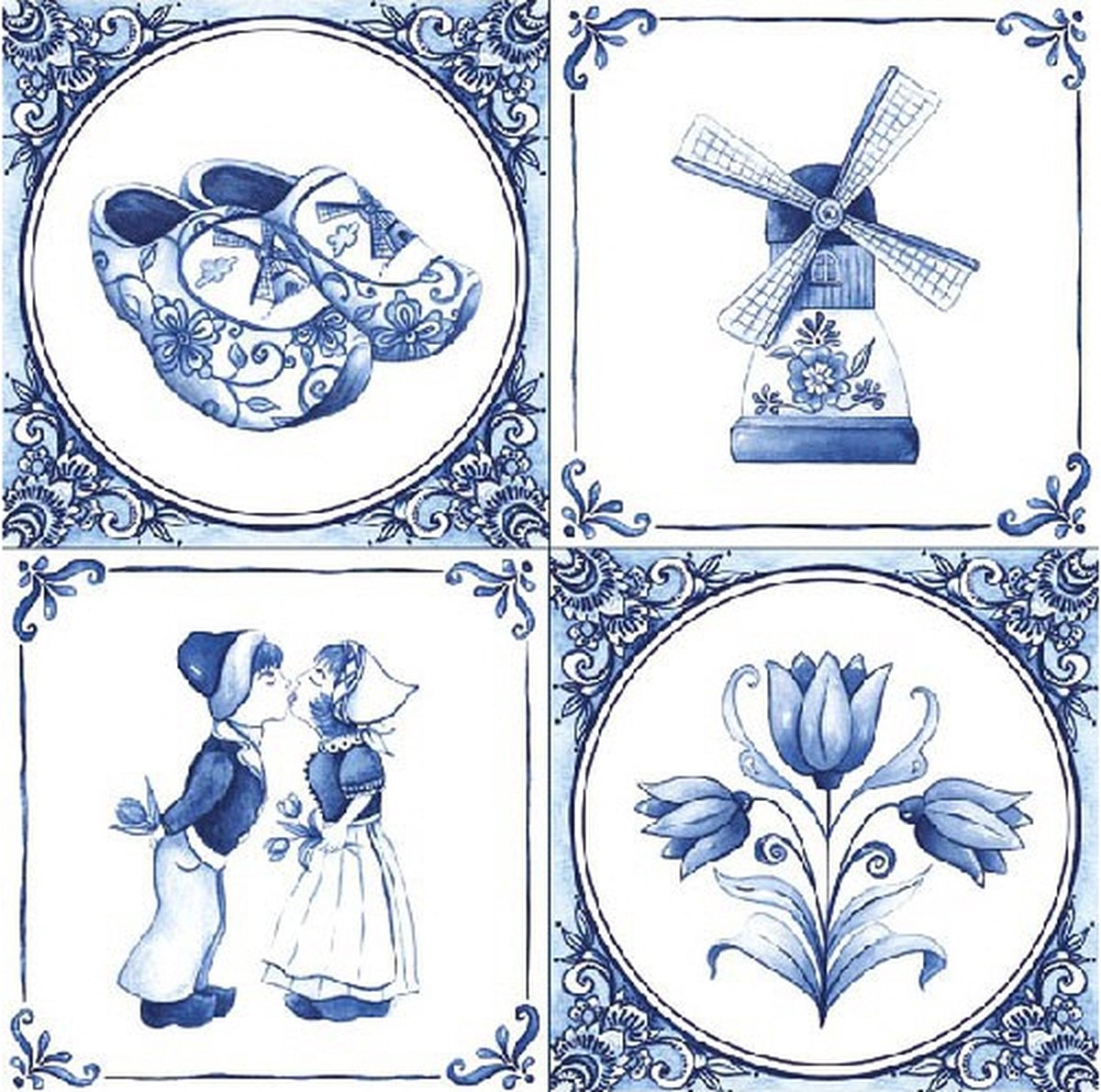 Delfts blauw thema servetten - 100x stuks -33 x 33 cm - Papieren wegwerp servetjes - Oud Hollandse/molen/klompen/tulpen versieringen/decoraties