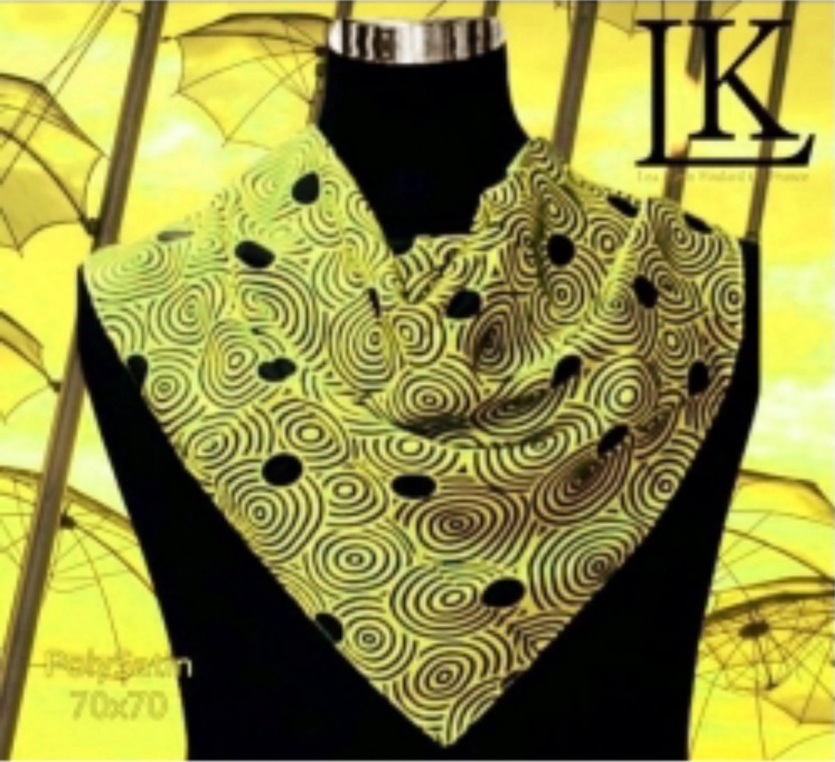 Huiscollectie - LKF - Fashion Sjaal - Geo Spiraal Stippen - Zwart / Geel - PolySatijn - Vierkant 70x70 cm - volwassenen jeugd kinderen - unisex - casual feest