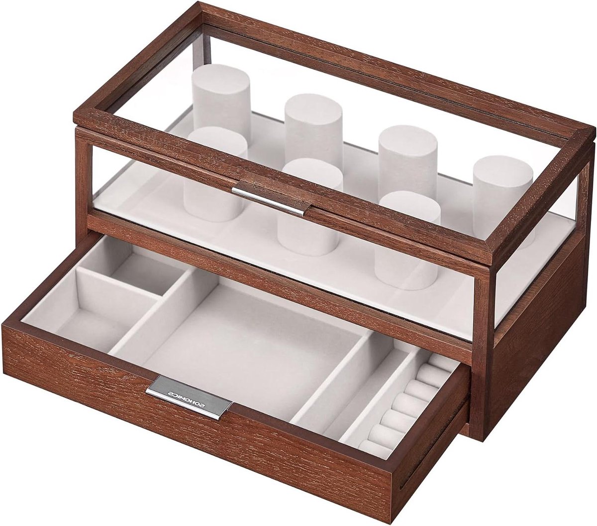 Horlogebox 2 niveaus - acryldeksel - 7 horlogekussens - fluwelen voering - cadeau-idee - koffiebruin